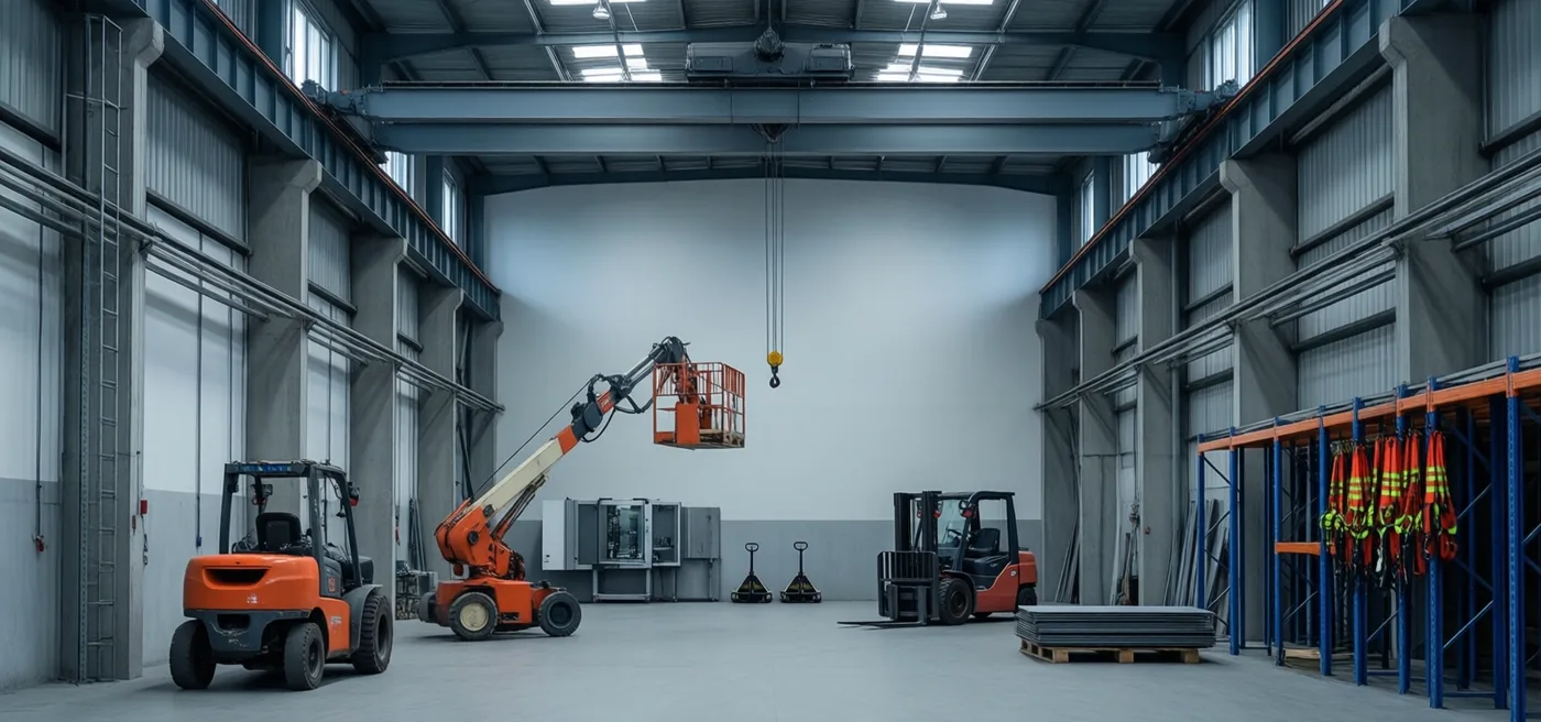 Industrial hall with a double-girder overhead travelling crane, a self-propelled boom lift and forklift trucks