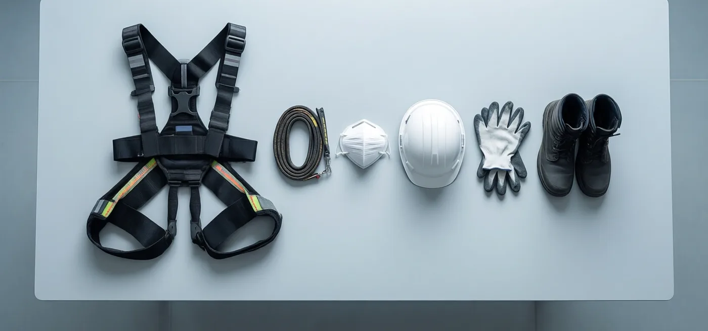 PPE prepared for EU type-examination — harness, lanyard, filtering half masks, safety helmet, gloves and safety boots laid out on a table