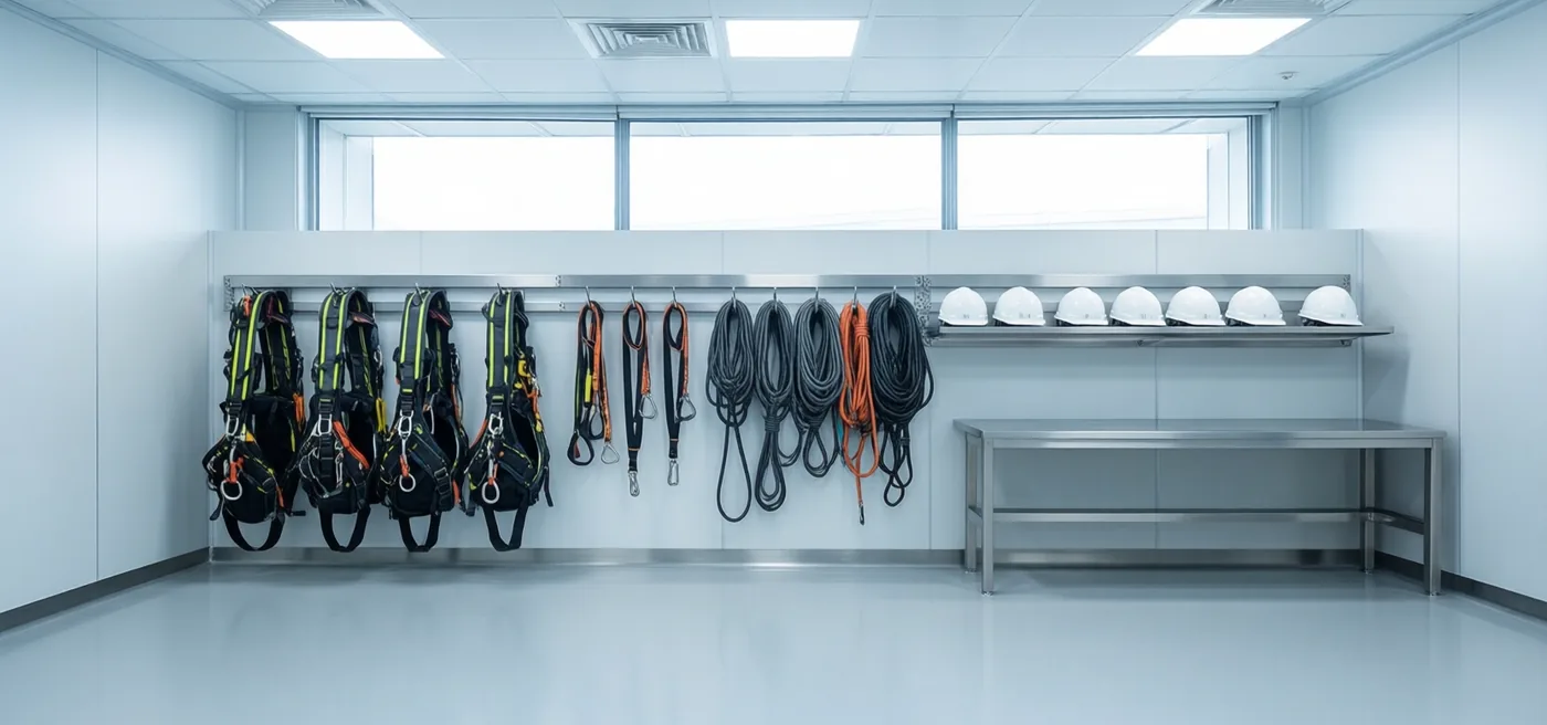 PPE storage room — full-body harnesses on hooks, coiled ropes and lanyards, safety helmets on the shelf